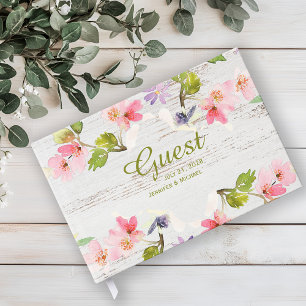 Rustic Pink Florals on White Wood Guest Book