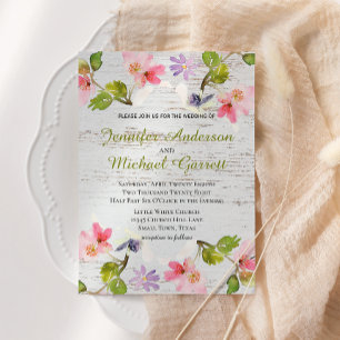 Rustic Pink Florals on White Wood Invitation
