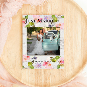 Rustic Pink Florals on White Wood Just Married Holiday Card