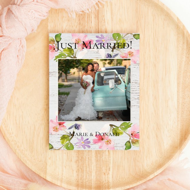 Rustic Pink Florals on White Wood Just Married Holiday Card (Creator Uploaded)