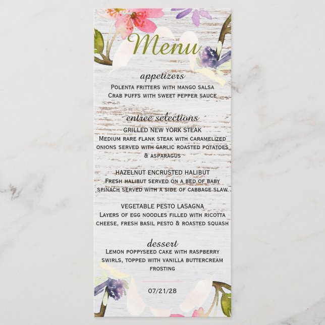 Rustic Pink Florals on White Wood Menu (Front)