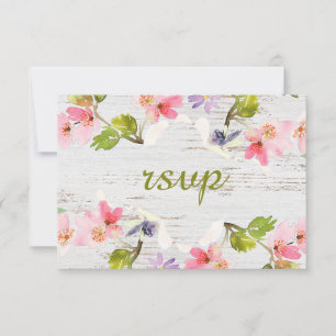 Rustic Pink Florals on White Wood RSVP Card