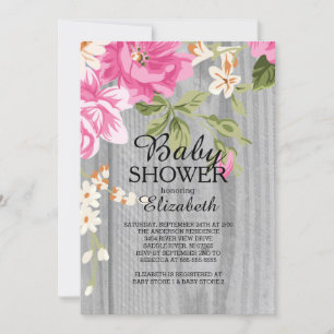 Rustic Pink Flower Wood Baby Shower Invitation