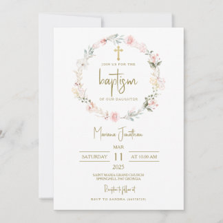 Rustic Pink Flowers Baptism Text Invitation