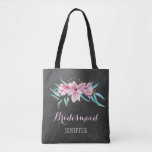 Rustic pink flowers chalkboard wedding bridesmaid tote bag<br><div class="desc">Rustic elegant spring or summer wedding stylish bridesmaid / maid of honour / flower girl tote bag on dark grey chalkboard featuring beautiful pink watercolor magnolias bouquets with mint green eucalyptus foliage. Personalise it with bridesmaid's name on the front and with bride's and groom's names and wedding date on the...</div>