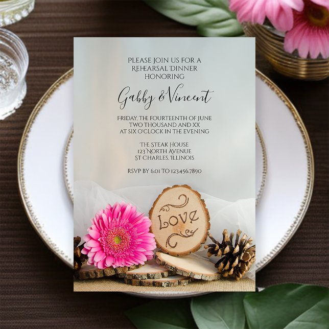 Rustic Pink Gerber Daisy Woodland Rehearsal Dinner Invitation (Creator Uploaded)