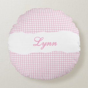 Rustic Pink Gingham Personalized Name Round Cushion