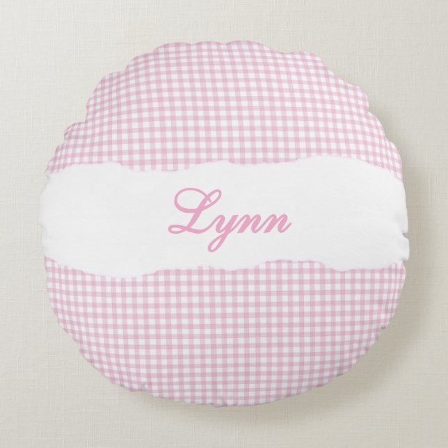 Rustic Pink Gingham Personalized Name Round Cushion (Front)