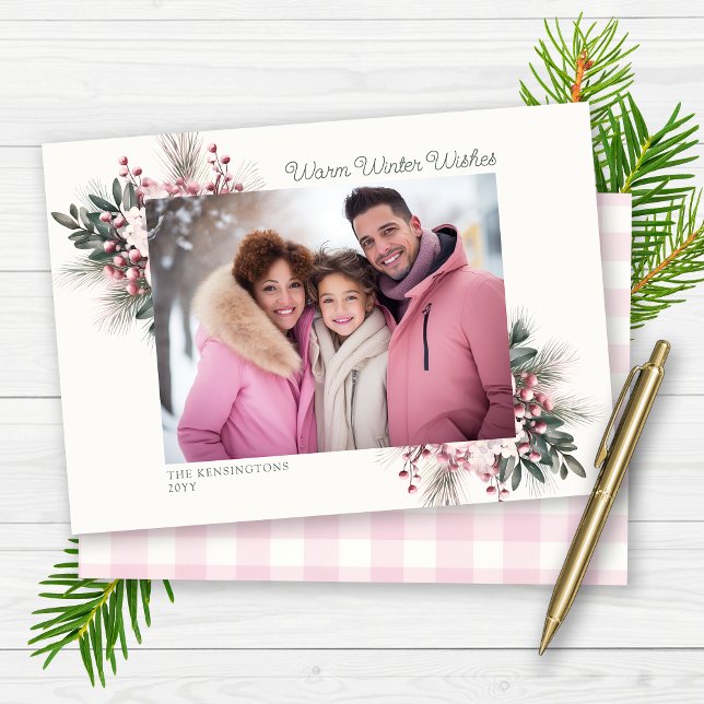 Rustic Pink Gingham Plaid Floral Holiday Photo (Rustic Pink Gingham Plaid Floral Holiday Photo Cards)