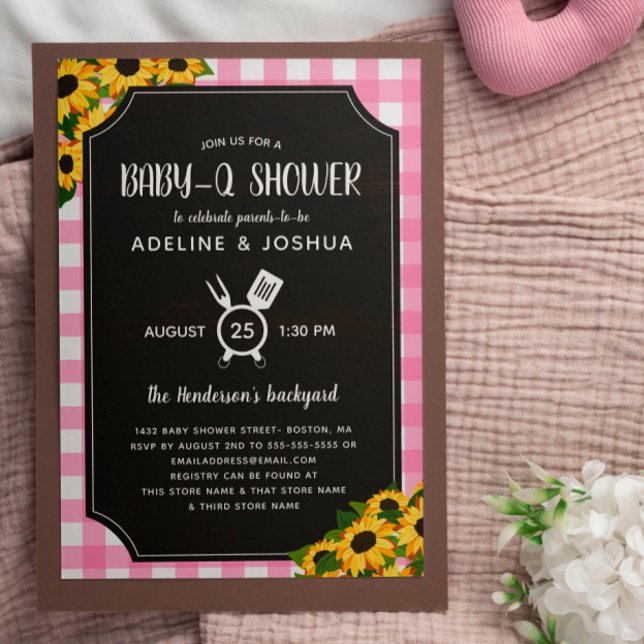 Rustic Pink Gingham Sunflowers Girl Baby-Q Shower Invitation (Creator Uploaded)