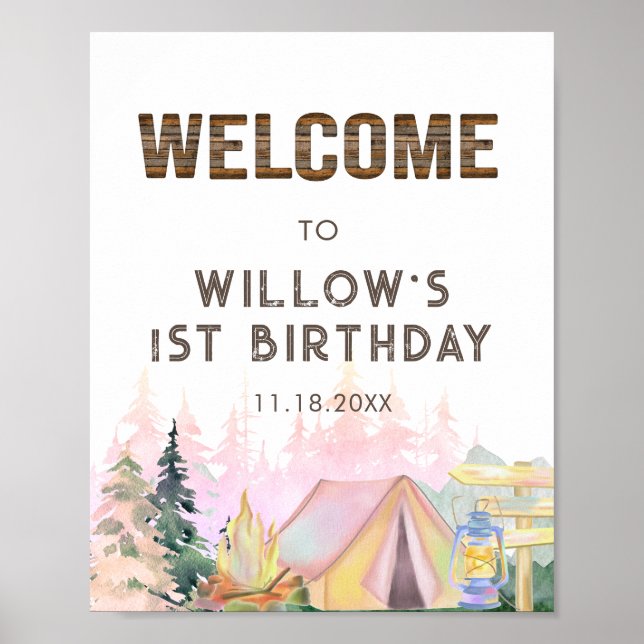 Rustic Pink Girl Camping Birthday Welcome  Poster (Front)