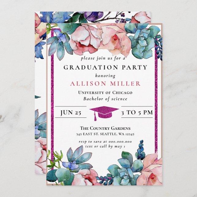 Rustic Pink Glitter Floral Botanical Graduation Invitation (Front/Back)