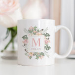 Rustic Pink Gold Floral Boho Custom Monogram Coffee Mug<br><div class="desc">Boho style custom coffee mug design features romantic peony flowers,  botanical leaves,  and rustic bird feather accents. Personalise with custom monogram with a name and initial letter. Soft colour scheme includes pretty spring shades of pink,  peach,  cream,  green,  grey,  and gold.</div>