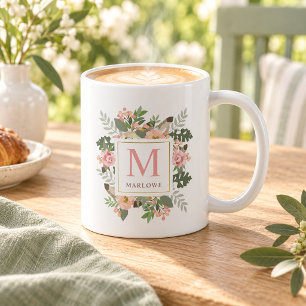 Rustic Pink Gold Floral Boho Monogram Coffee Mug