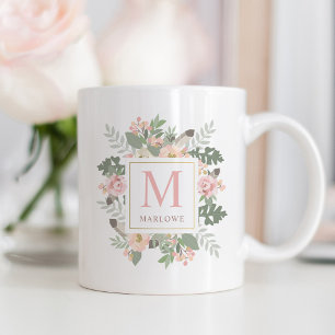 Rustic Pink Gold Floral Boho Monogram Coffee Mug