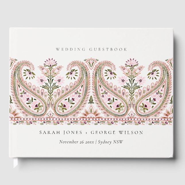 Rustic Pink Green Floral Paisley Motif Wedding Guest Book (Front)