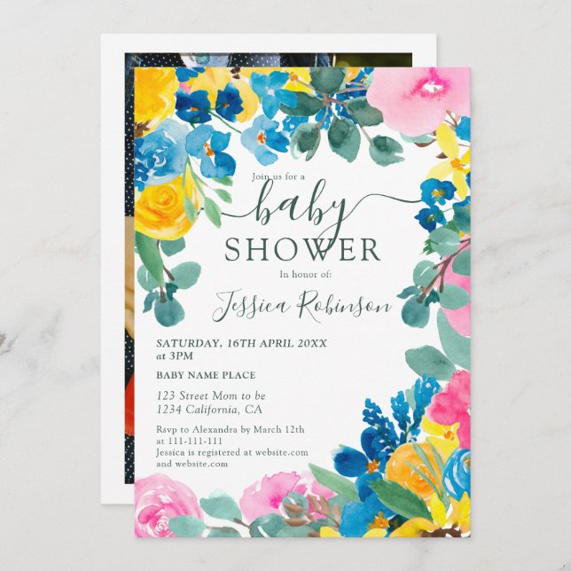 Rustic pink green floral photo baby shower invitation (Front/Back)