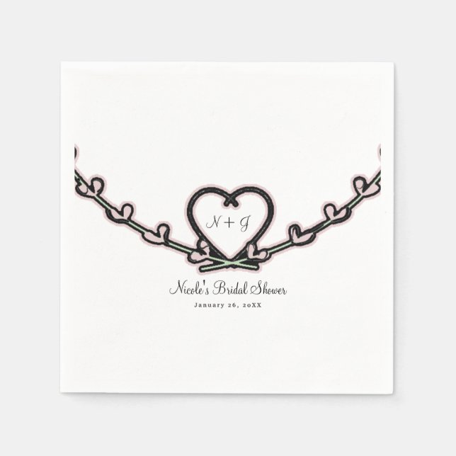 Rustic Pink Heart Vine Bridal Shower Custom Party Napkin (Front)