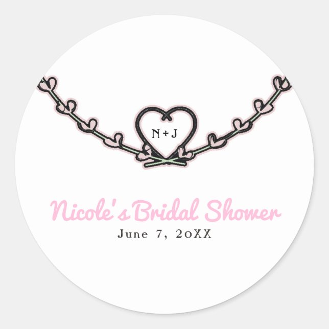 Rustic Pink Heart Vine Bridal Shower Party Favour Classic Round Sticker (Front)