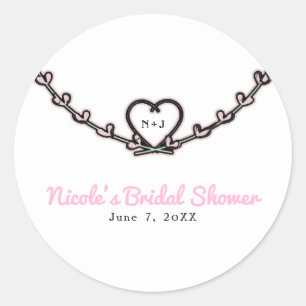 Rustic Pink Heart Vine Bridal Shower Party Favour Classic Round Sticker
