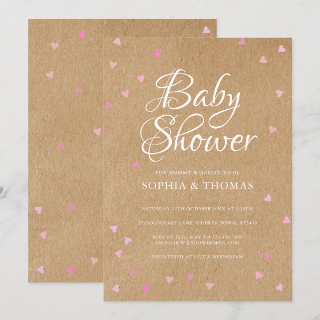 Rustic Pink Hearts Couples Baby Girl Shower Invitation (Front/Back)