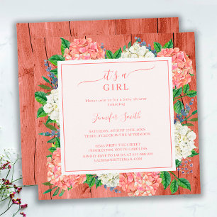 Rustic Pink Hydrangea It's A Girl Baby Shower Invitation