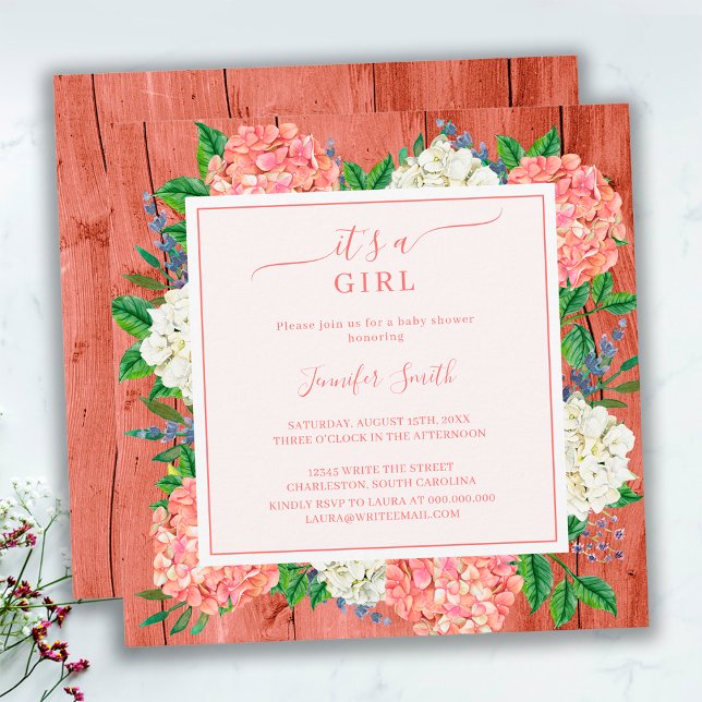 Rustic Pink Hydrangea It's A Girl Baby Shower Invitation (Creator Uploaded)
