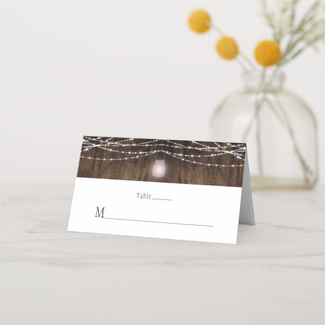 Rustic Pink Mason Jar String Lights Place Cards (Front)