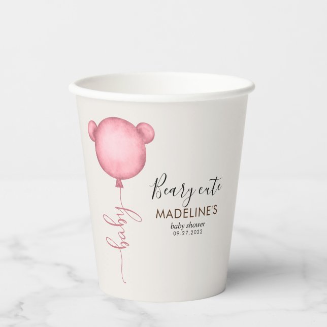 Rustic Pink Minimalist Beary Cute Baby Shower Paper Cups (Front)