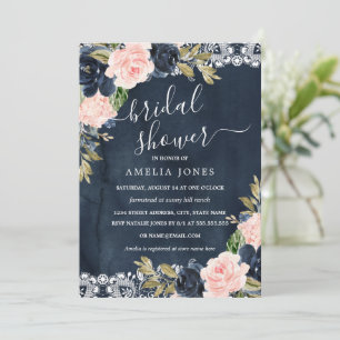 Rustic Pink Navy Floral Lace Bridal Shower Invitation