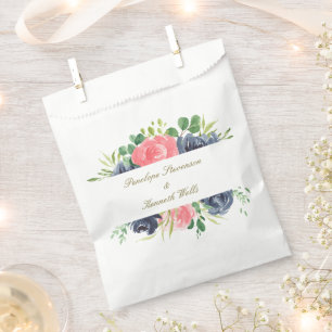 Rustic Pink Navy Rose Floral Frame Custom Wedding Favour Bags