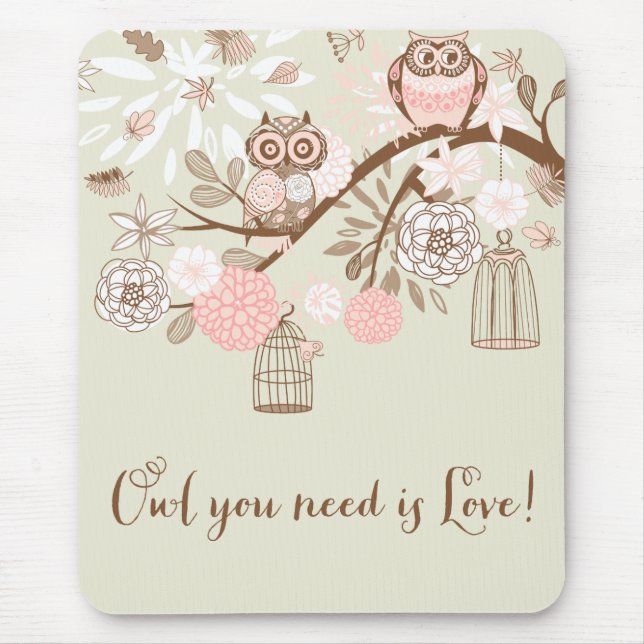 Rustic Pink Owls and Birdcages Mousepad (Front)