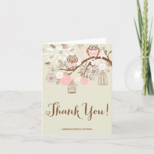 Rustic Pink Owls and Birdcages Thank You Note Card