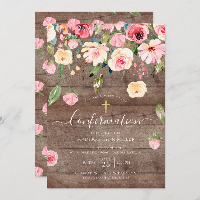 Rustic Pink Peonies Rose Floral Confirmation Invitation (Front/Back)