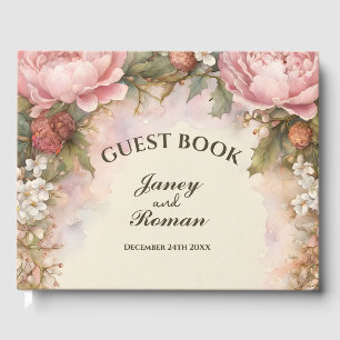 Rustic Pink Peonies Vintage Wedding Guest Book