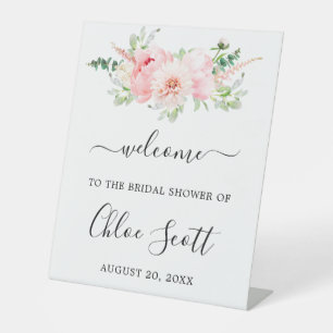 Rustic Pink Peony Floral Bridal Shower Welcome Pedestal Sign