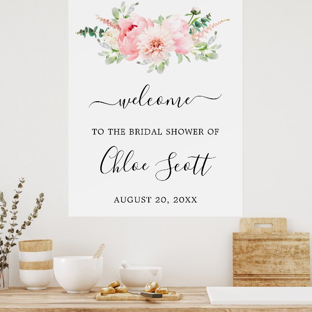 Rustic Pink Peony Floral Bridal Shower Welcome Poster (Kitchen)