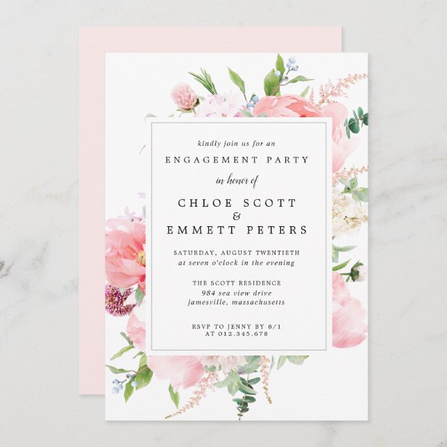 Rustic Pink Peony Floral Engagement Party Invitation (Front/Back)