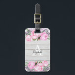 Rustic Pink Peony | Monogram Luggage Tag<br><div class="desc">This luggage tag offers a rustic country design. The background is a white shiplap wood accented with beautiful pink peonies. The centre offers a white custom monogram and trendy calligraphy for your name. The back is solid purple with custom text for your contact information.</div>