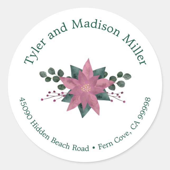 Rustic Pink Poinsettia Bloom Holiday Envelope Seal (Front)