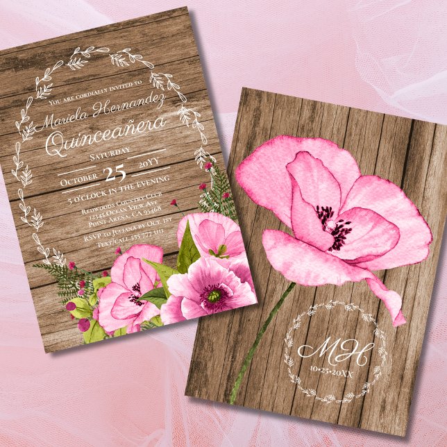 Rustic Pink Poppies Quinceañera Invitation (Creator Uploaded)
