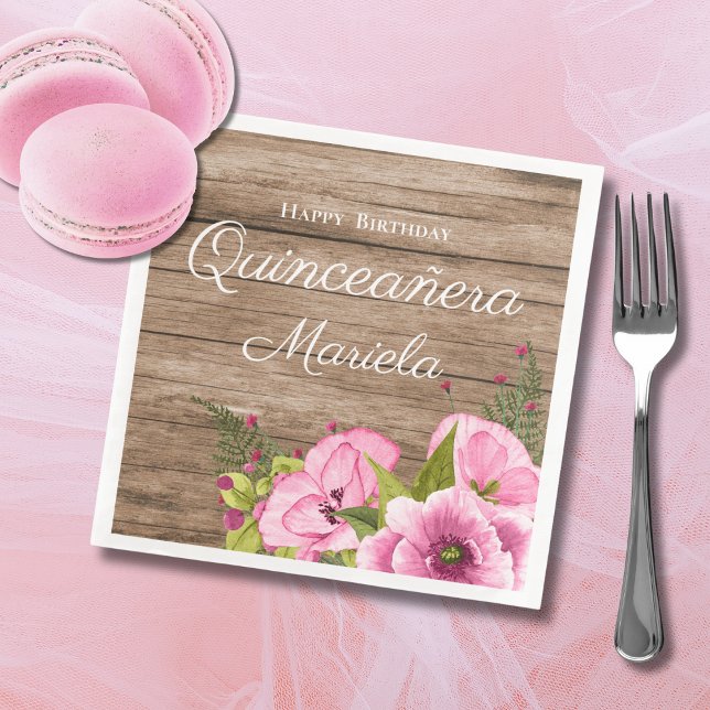 Rustic Pink Poppies Quinceañera Napkin (Creator Uploaded)