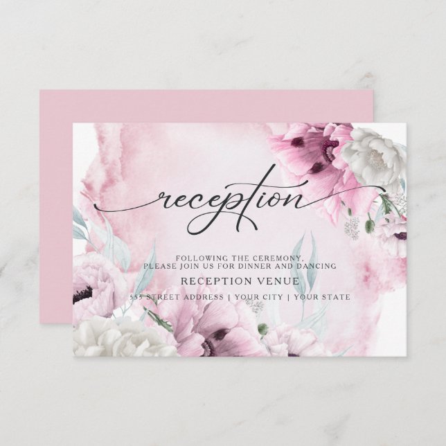 Rustic Pink Poppies Watercolor Reception Invitation (Front/Back)