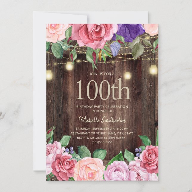 Rustic Pink Purple Flowers String Lights 100th Invitation (Front)