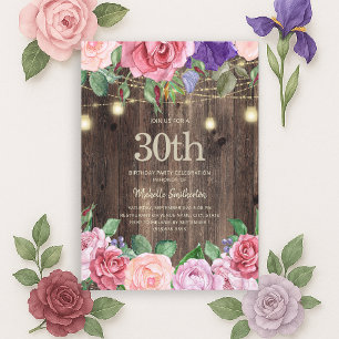 Rustic Pink Purple Flowers String Lights 30th Invitation