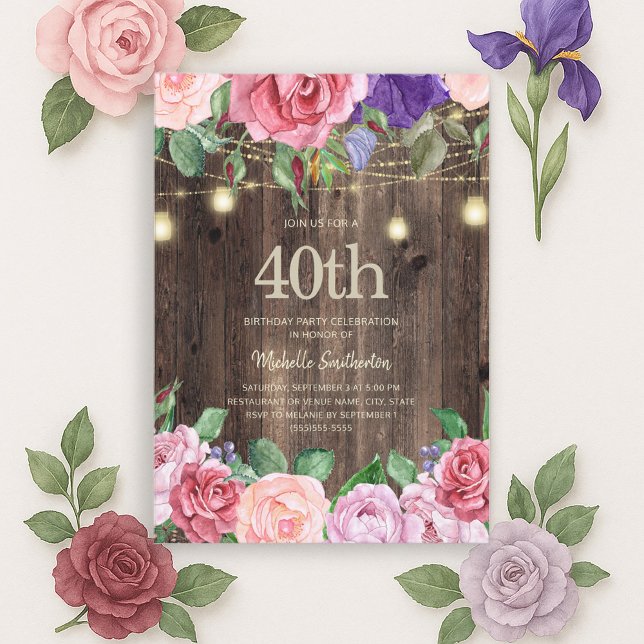 Rustic Pink Purple Flowers String Lights 40th  Invitation (Pink and purple watercolor floral and string lights on rustic wood 40th birthday invitation)
