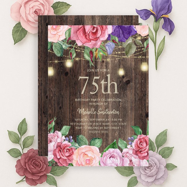 Rustic Pink Purple Flowers String Lights 75th Invitation (Pink and purple watercolor floral and string lights on rustic wood 75th birthday invitation)