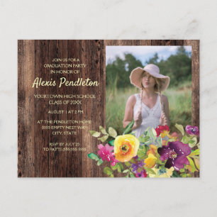 Rustic Pink Purple Yellow Floral Graduation Party Invitation Postcard