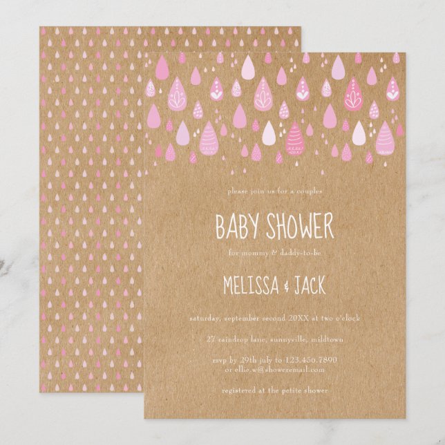 Rustic Pink Raindrops Baby Girl Shower Invitation (Front/Back)