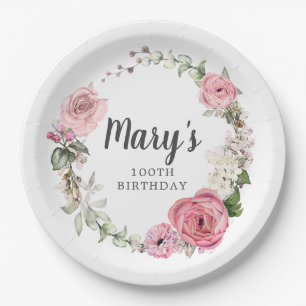 Rustic Pink Rose Floral 100th Birthday Paper Plate